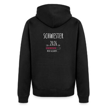 Schwester 2026 Geschenk Schwangerschaft - Unisex Premium Bio Zip Hoodie - Schwarz - Hinten - Nico (187cm)