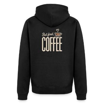 But First Coffee Kaffee Spruch für Morgenmuffel - Unisex Premium Bio Zip Hoodie - Schwarz - Hinten - Nico (187cm)