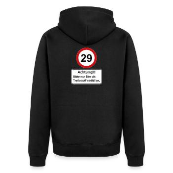 29 Achtung nur Bier als Treibstoff einfüllen - Unisex Premium Bio Zip Hoodie - Schwarz - Hinten - Nico (187cm)