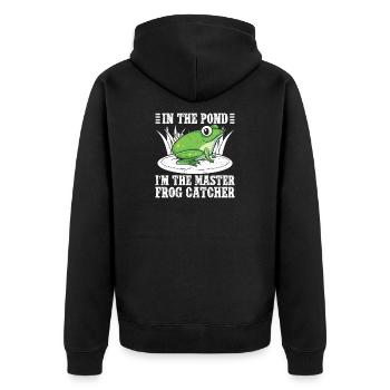 Meister Froschfänger Cartoon Design - Unisex Premium Bio Zip Hoodie - Schwarz - Hinten - Nico (187cm)