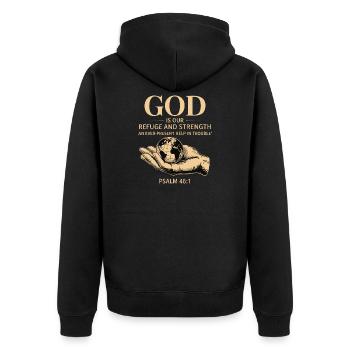 God Is Our Refuge and Strength – Psalm 46:1 - Unisex Premium Organic Zip Hoodie - black - Back - Nico (187cm)