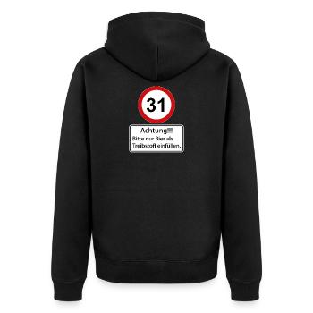 31 Achtung nur Bier als Treibstoff einfüllen - Unisex Premium Bio Zip Hoodie - Schwarz - Hinten - Nico (187cm)