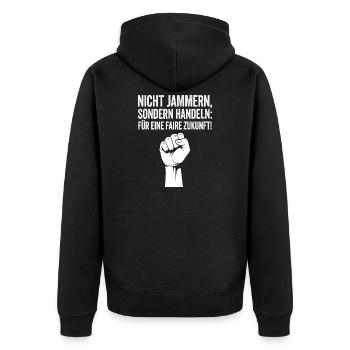 Für eine gerechte Zukunft Protestdesign - Unisex Premium Bio Zip Hoodie - Schwarz - Hinten - Nico (187cm)