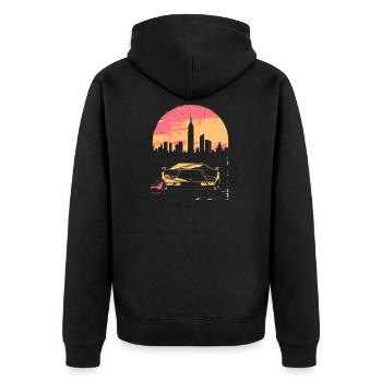Synthwave 80s Vaporwave Retro Car Skyline Motif - Unisex Premium Organic Zip Hoodie - black - Back - Nico (187cm)