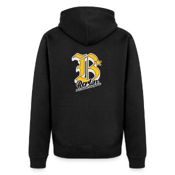 BERLIN City Letter Design – Bold, Vibrant, Unforge - Unisex Premium Bio Zip Hoodie - Schwarz - Hinten - Nico (187cm)