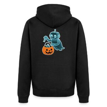 Gespenstischer Minibot mit Kürbiskorb - Unisex Premium Bio Zip Hoodie - Schwarz - Hinten - Nico (187cm)