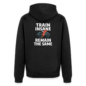 Fitness Hantel mit Blitz Symbol - Unisex Premium Bio Zip Hoodie - Schwarz - Hinten - Nico (187cm)