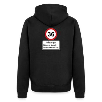 36 Achtung nur Bier als Treibstoff einfüllen - Unisex Premium Bio Zip Hoodie - Schwarz - Hinten - Nico (187cm)