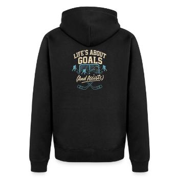 Ich bin nicht zum Reden hier - Unisex Premium Bio Zip Hoodie - Schwarz - Hinten - Nico (187cm)