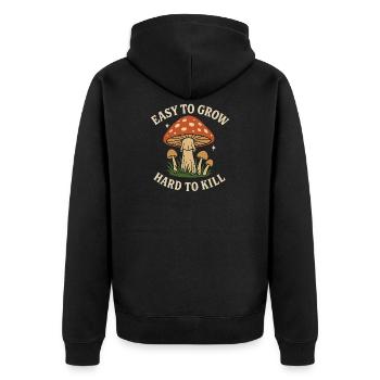 Pilz-Motiv: Leicht zu pflanzen, schwer zu töten - Unisex Premium Bio Zip Hoodie - Schwarz - Hinten - Nico (187cm)