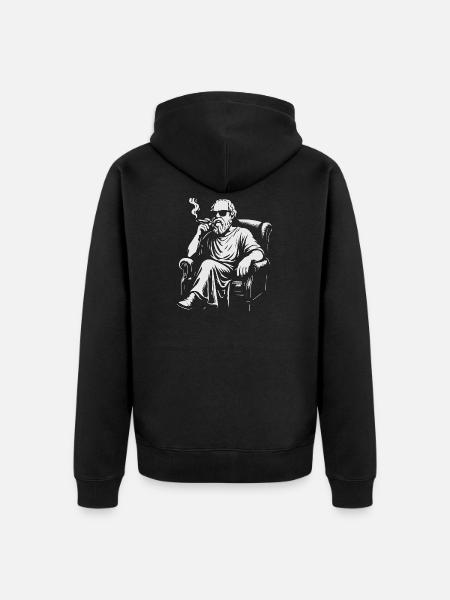 Socrates Smoker auf Samtstuhl - Unisex Premium Bio Zip Hoodie - Schwarz