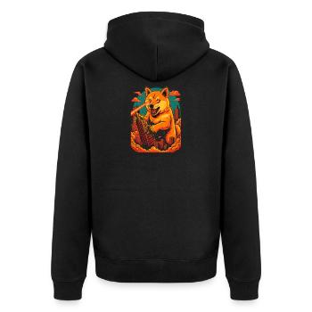 Laser Paws City Rampage, Shiba Inu Hund - Unisex Premium Bio Zip Hoodie - Schwarz - Hinten - Nico (187cm)