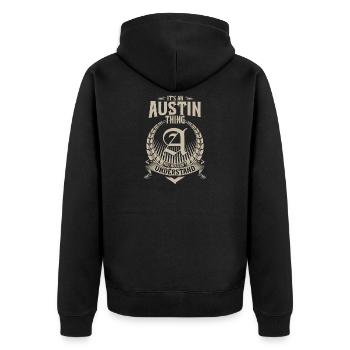 Austin Thing Emblem - Unisex Premium Bio Zip Hoodie - Schwarz - Hinten - Nico (187cm)