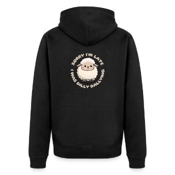 Tut mir leid, dass ich zu spät komme, ich war Dilly Dally Cute Lamb - Unisex Premium Bio Zip Hoodie - Schwarz - Hinten - Nico (187cm)