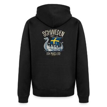 Schweden ruft ich muss los Spruch - Unisex Premium Bio Zip Hoodie - Schwarz - Hinten - Nico (187cm)