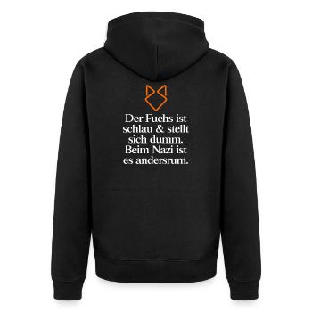 Fuchswitz: Schlauheit gegen Dummheit - Unisex Premium Bio Zip Hoodie - Schwarz - Hinten - Nico (187cm)