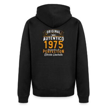 Authentische 1975 Limited Edition Vintage - Unisex Premium Bio Zip Hoodie - Schwarz - Hinten - Nico (187cm)