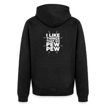 Ich mag Dinge, die zu Pew Pew gehören - Unisex Premium Bio Zip Hoodie - Schwarz - Hinten - Nico (187cm)