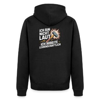 Leidenschaftliche Arbeit – Hammer Motiv - Unisex Premium Bio Zip Hoodie - Schwarz - Hinten - Nico (187cm)