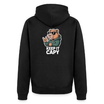 Capy Bear Rockout Keep It Capy - Unisex Premium Bio Zip Hoodie - Schwarz - Hinten - Nico (187cm)