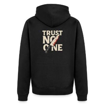 Trust No One – True Crime Fan Shirt mit Messer - Unisex Premium Bio Zip Hoodie - Schwarz - Hinten - Nico (187cm)