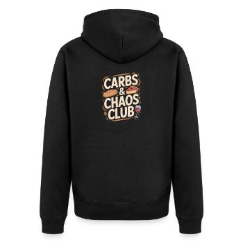Carbs Und Chaos Club Brot Kuchen Wein - Unisex Premium Bio Zip Hoodie - Schwarz - Hinten - Nico (187cm)