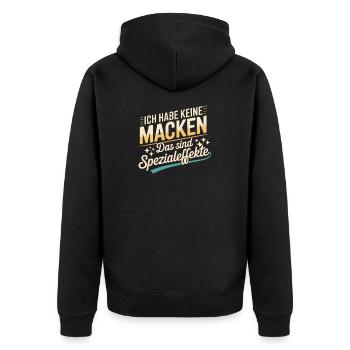 Sarkasmus? Ich? Niemals. – Lustiges Sprüche Design - Unisex Premium Bio Zip Hoodie - Schwarz - Hinten - Nico (187cm)