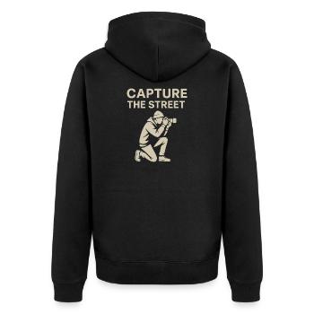 Capture de la rue – Chemise de photographie de rue - Veste à capuche bio Premium Unisexe - noir - Dos - Nico (187cm)