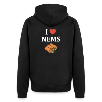 I like NEMS and Spring Rolls - Unisex Premium Organic Zip Hoodie - black - Back - Nico (187cm)