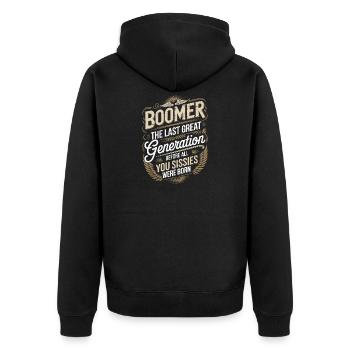 Boomer Letzte Große Generation Spruch - Unisex Premium Bio Zip Hoodie - Schwarz - Hinten - Nico (187cm)
