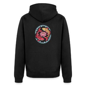 Koi Fish and Lotus Flower Harmonious Motif - Unisex Premium Organic Zip Hoodie - black - Back - Nico (187cm)