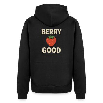 Berry Good – Lustiges Erdbeer Design - Unisex Premium Bio Zip Hoodie - Schwarz - Hinten - Nico (187cm)