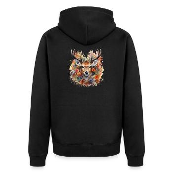 Majestätischer Hirsch – Art Portrait mit Blumen - Unisex Premium Bio Zip Hoodie - Schwarz - Hinten - Nico (187cm)