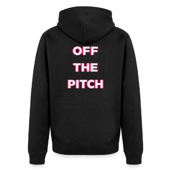Off The Pitch Typografie Neon Pink - Unisex Premium Bio Zip Hoodie - Schwarz - Hinten - Nico (187cm)