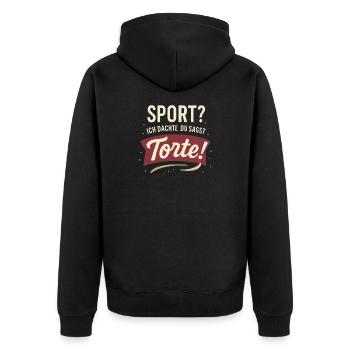 Sport? Ich dachte, du sagst Torte! - Unisex Premium Bio Zip Hoodie - Schwarz - Hinten - Nico (187cm)