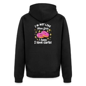 Ich bin nicht wie andere Mädchen, ich liebe Carbs Donut - Unisex Premium Bio Zip Hoodie - Schwarz - Hinten - Nico (187cm)