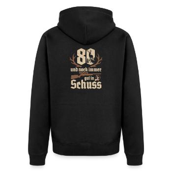 Jäger 80. Geburtstag Jagd 80 Jahre gut in Schuss - Unisex Premium Bio Zip Hoodie - Schwarz - Hinten - Nico (187cm)