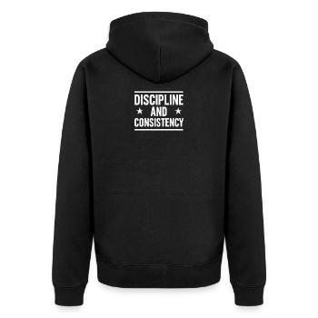 Diszipliniert Konsequenz Mutig, Motivierend - Unisex Premium Bio Zip Hoodie - Schwarz - Hinten - Nico (187cm)