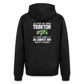 Ja das ist mein Traktor Du darfst nicht fahren - Unisex Premium Bio Zip Hoodie - Schwarz - Hinten - Nico (187cm)