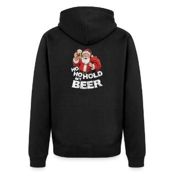 Weihnachtsmann mit Bier Spruch Ho Ho Hold my Beer - Unisex Premium Bio Zip Hoodie - Schwarz - Hinten - Nico (187cm)