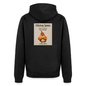 Funny Chicken Game – Don’t Look at This Chicken - Unisex Premium Bio Zip Hoodie - Schwarz - Hinten - Nico (187cm)