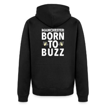 BORN_TO_BUZZ - Unisex Premium Organic Zip Hoodie - black - Back - Nico (187cm)