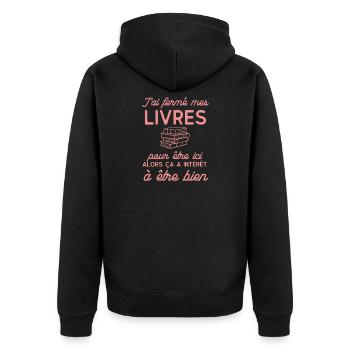 Ich habe meine BÜCHER geschlossen, um hier zu sein - Unisex Premium Bio Zip Hoodie - Schwarz - Hinten - Nico (187cm)