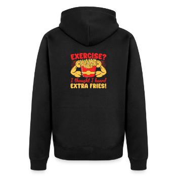 Fitness Fanatics Exercise I heard Extra Fries - Unisex Premium Bio Zip Hoodie - Schwarz - Hinten - Nico (187cm)