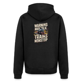 Warnung: Könnte Unaufhörlich Über Züge Reden - Unisex Premium Bio Zip Hoodie - Schwarz - Hinten - Nico (187cm)