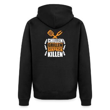 Chilling Grilling Sixpack Kill / BBQ Saying Funny - Unisex Premium Organic Zip Hoodie - black - Back - Nico (187cm)