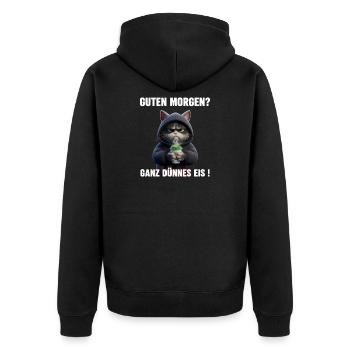 Morgenmuffel Katze mit Kaffee – Dünnes Eis - Unisex Premium Bio Zip Hoodie - Schwarz - Hinten - Nico (187cm)