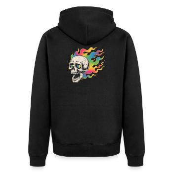 Psychedelischer Totenkopf im Feuerdesign - Unisex Premium Bio Zip Hoodie - Schwarz - Hinten - Nico (187cm)