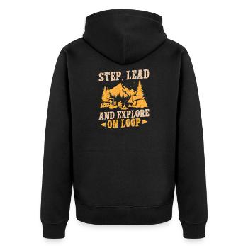 Girl Scout Leader Step Lead & Explore Scout - Unisex Premium Bio Zip Hoodie - Schwarz - Hinten - Nico (187cm)