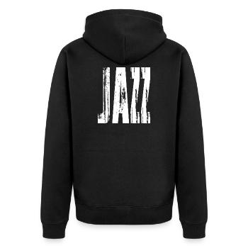 Distressed Bold Jazz Music Logo Typografie - Unisex Premium Bio Zip Hoodie - Schwarz - Hinten - Nico (187cm)